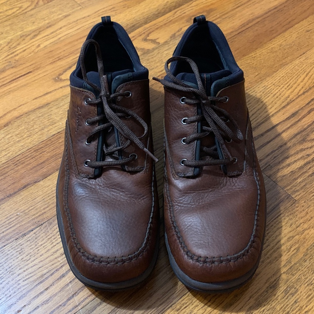 Clarks Quality Pebbled Brown Leather Oxford Moccasin Lace up Comfort Shoes SZ 15